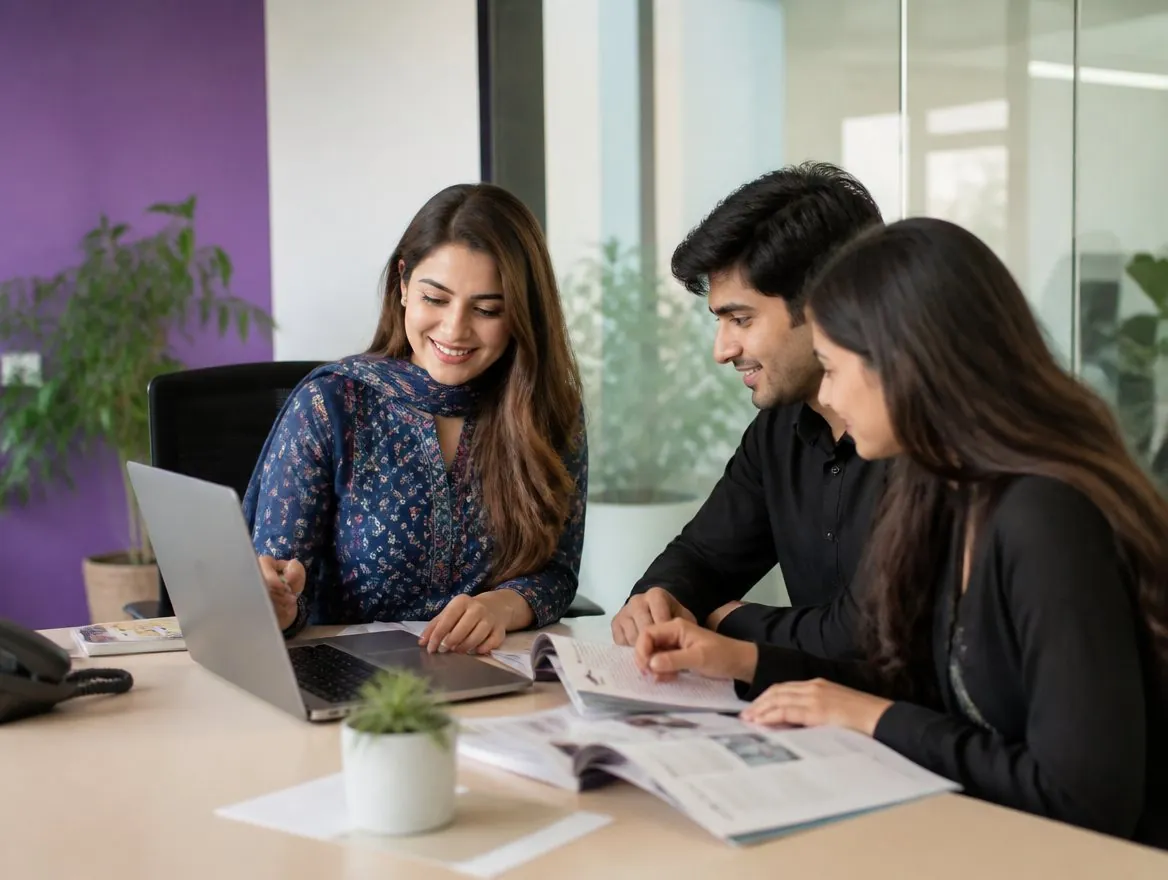 A LEAD Counseling counsellor guiding two Pakistani students through university options