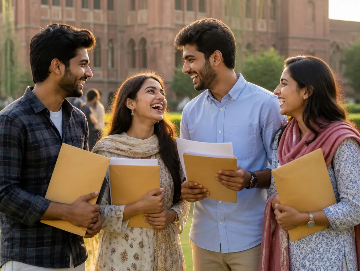 Pakistani students celebrating their university acceptance on campus